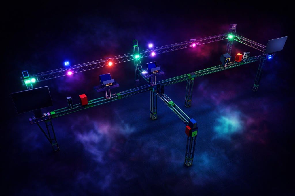 Render tecnico Laser Game: traliccio stand-alone, luci RGB e impiantistica in quota